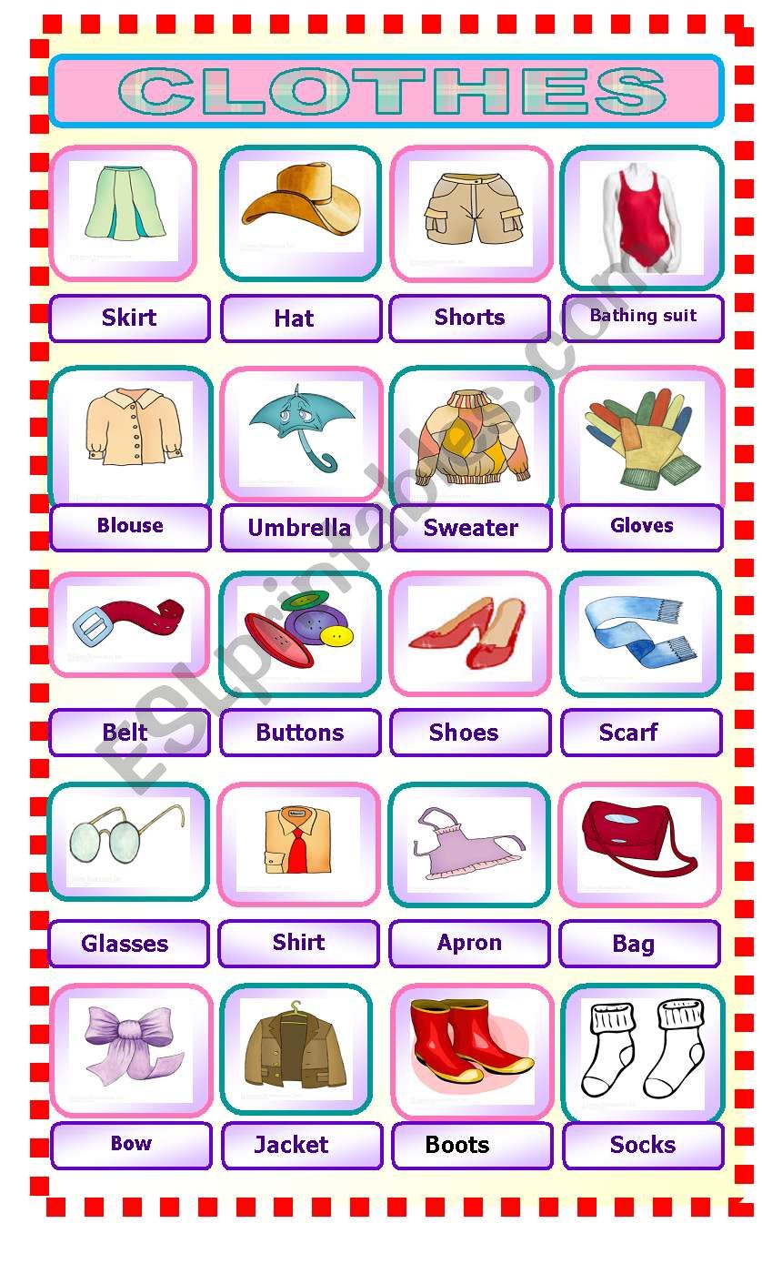 Clothes pictionary worksheet