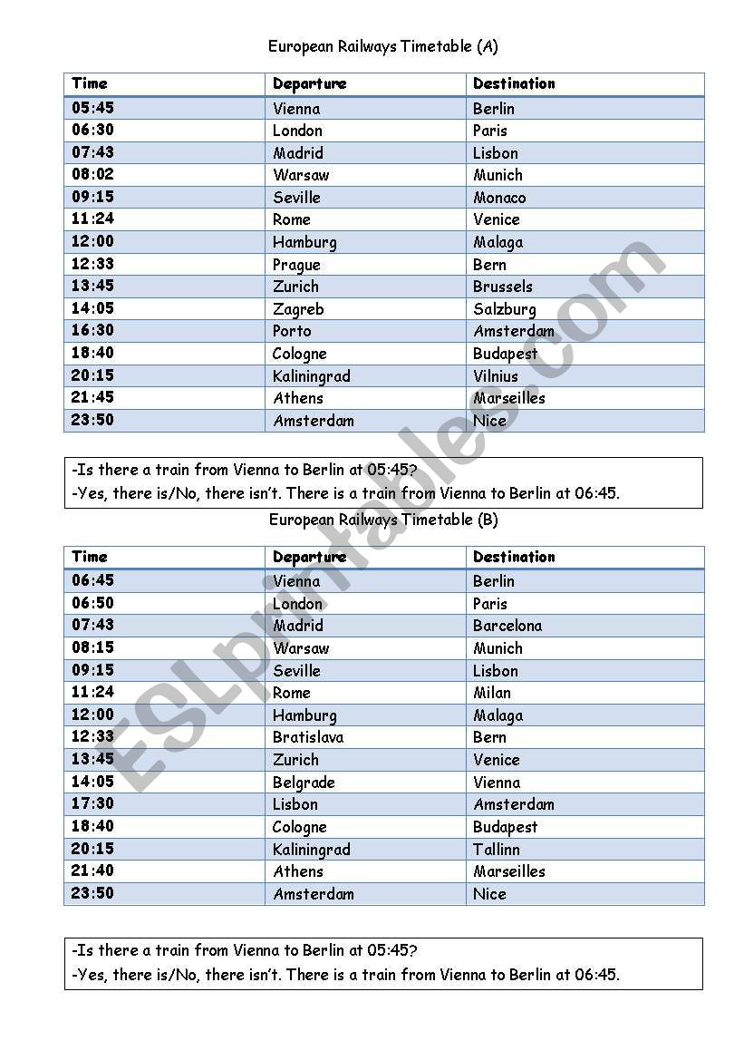 railways timetable worksheet