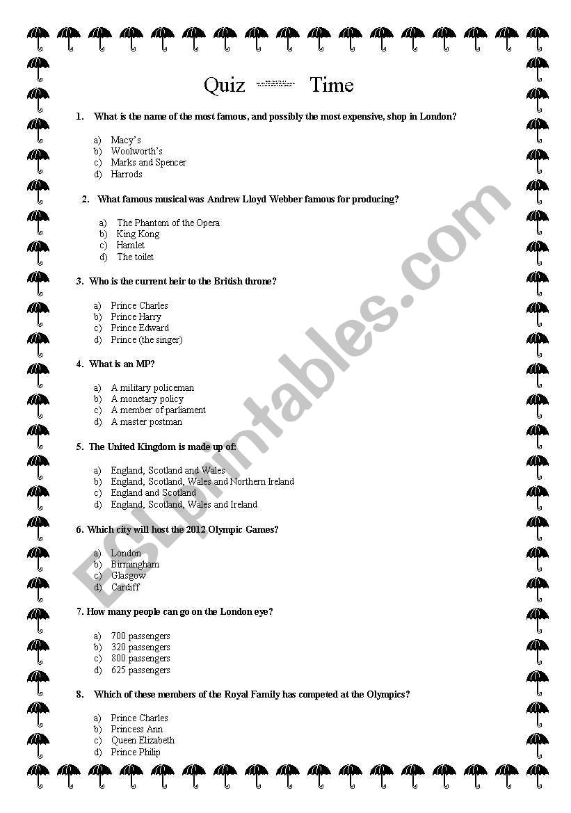 Quiz  about London worksheet