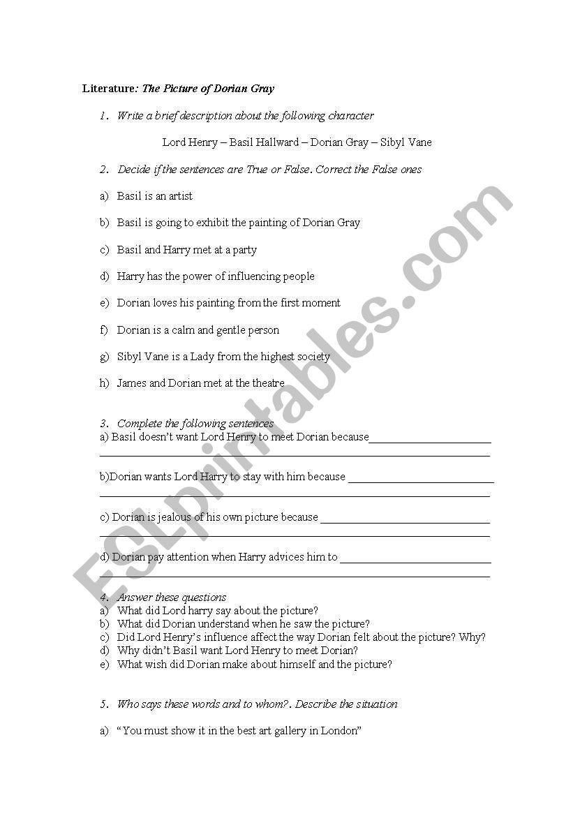 Dorian Gray worksheet