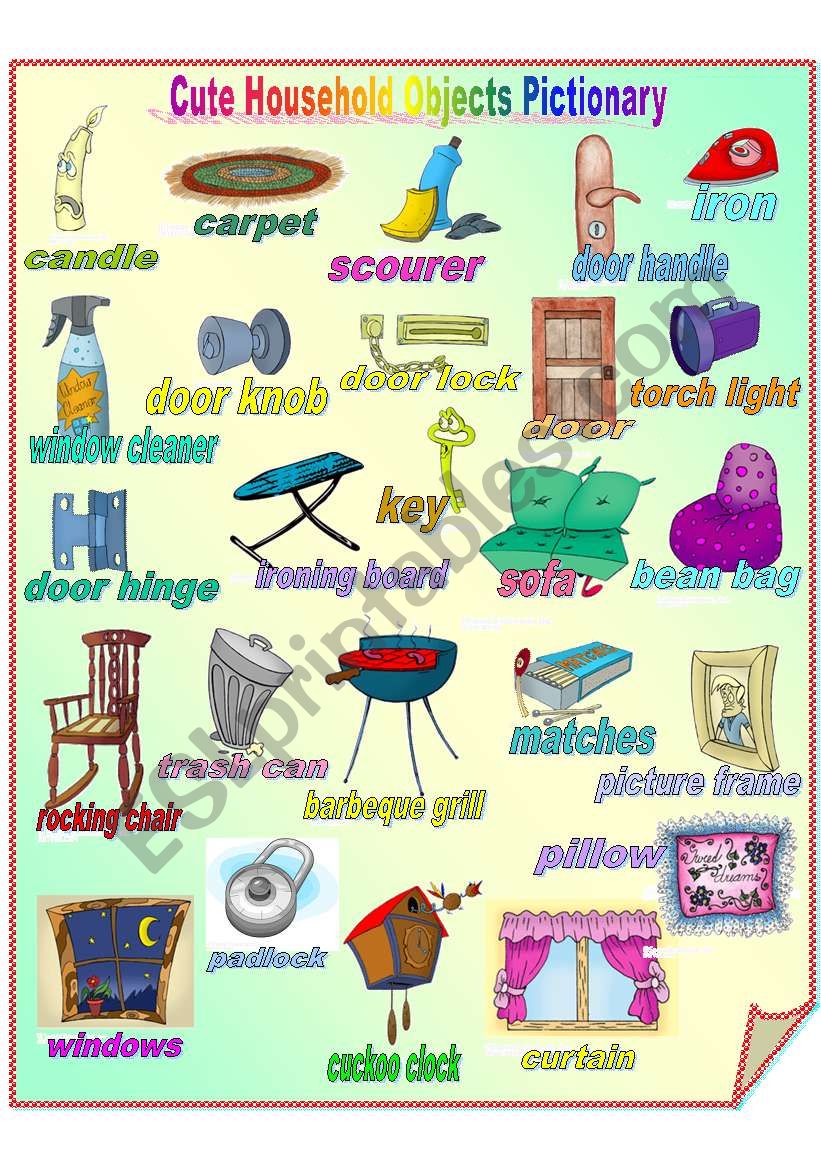 Cute Household Objects Pictionary **fully editable - ESL worksheet by  Sharin Raj