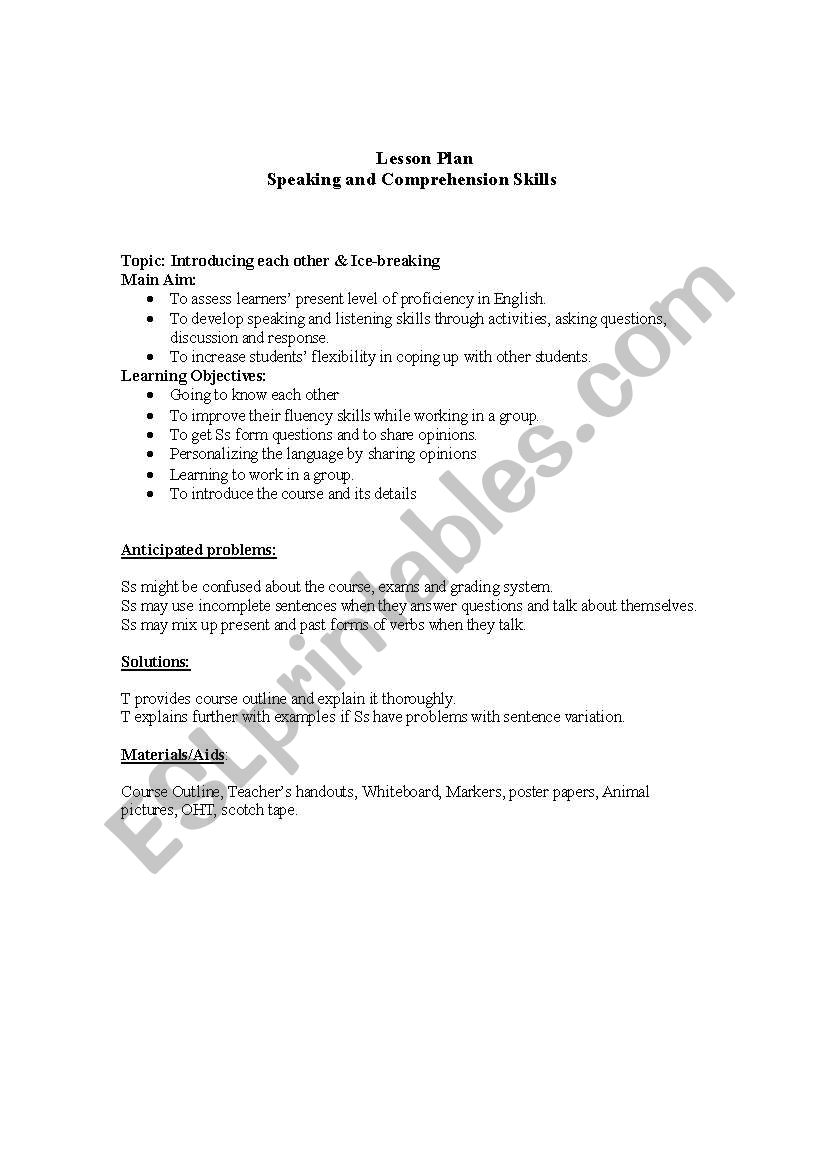 speaking and ice breaking worksheet