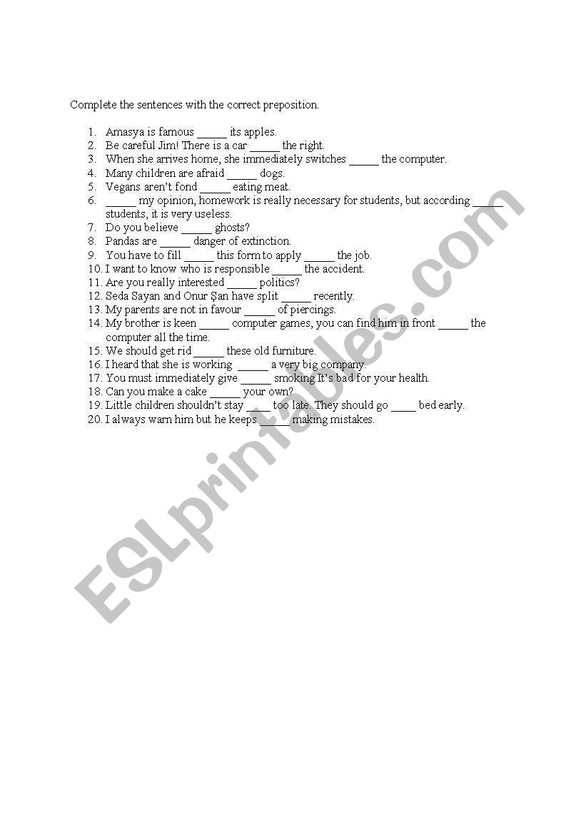 Prepositions worksheet