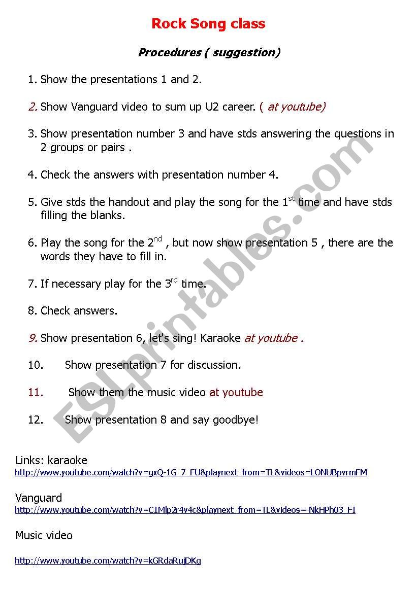 U2 song class procedures worksheet