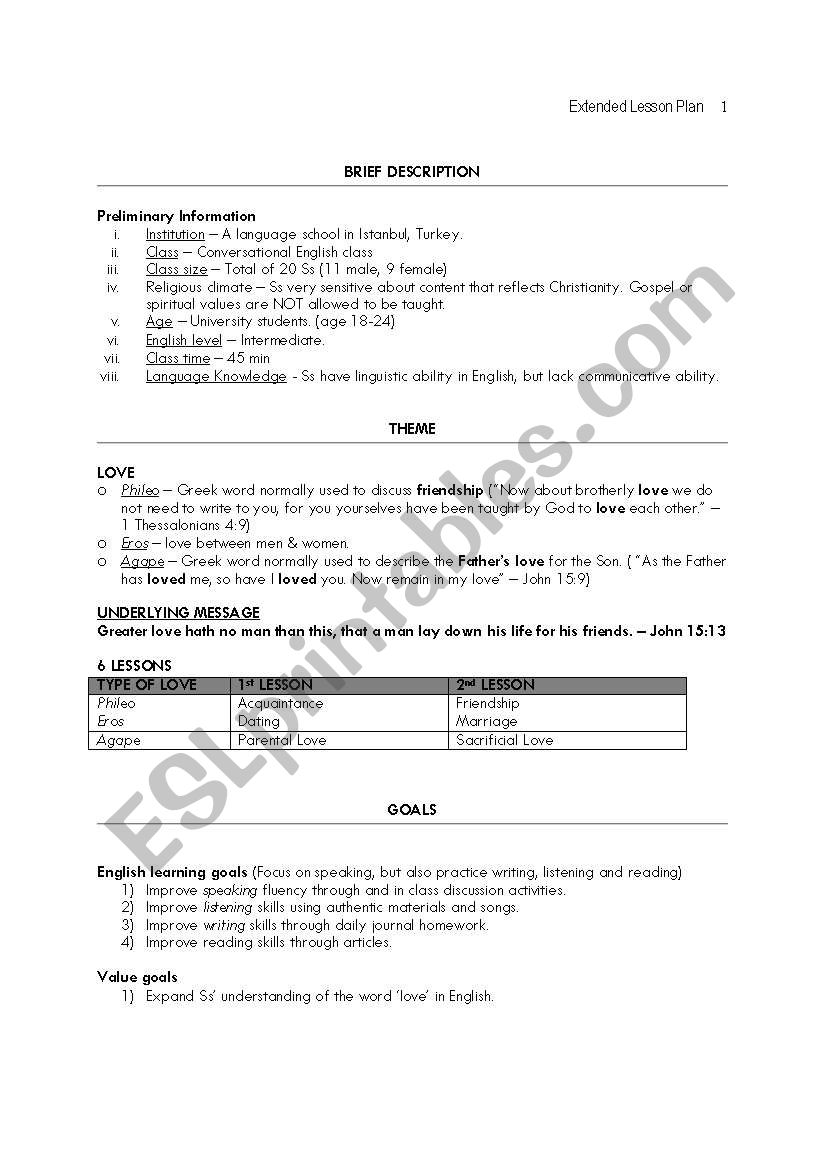 Love/Frienship Theme Lesson Plan