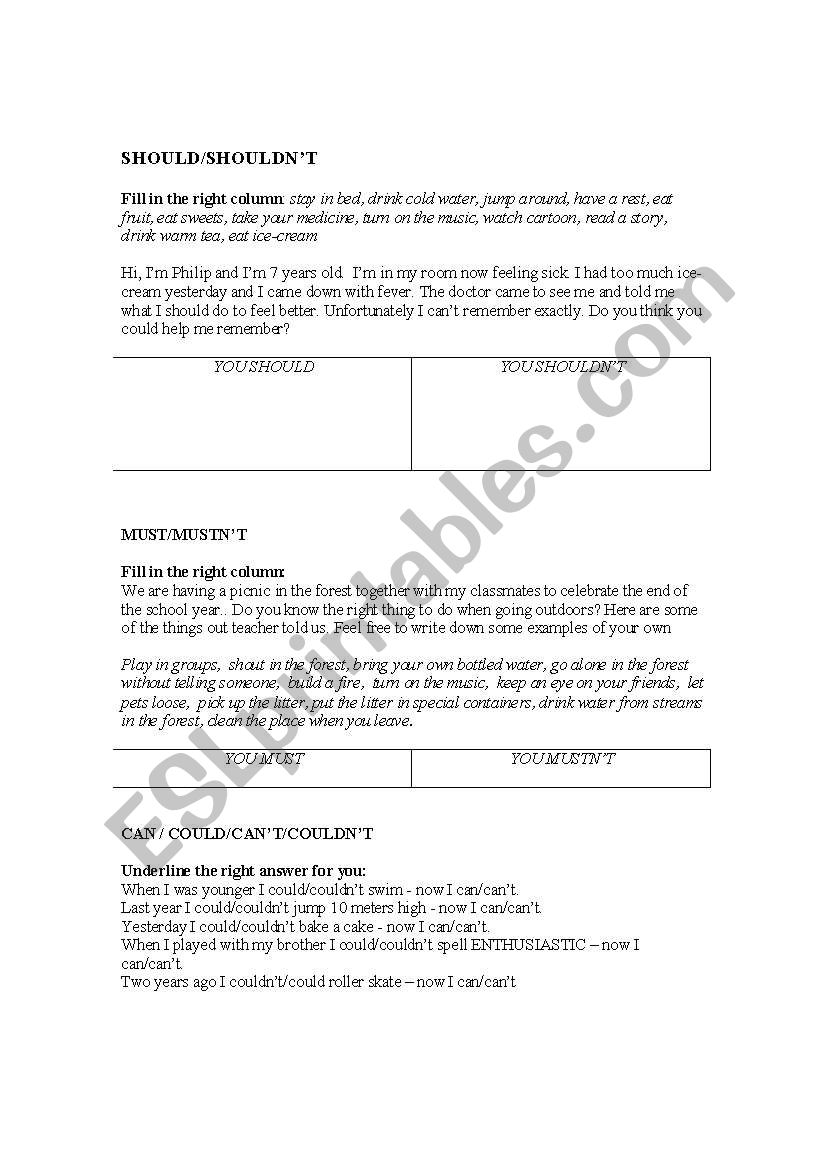 modals for starters worksheet