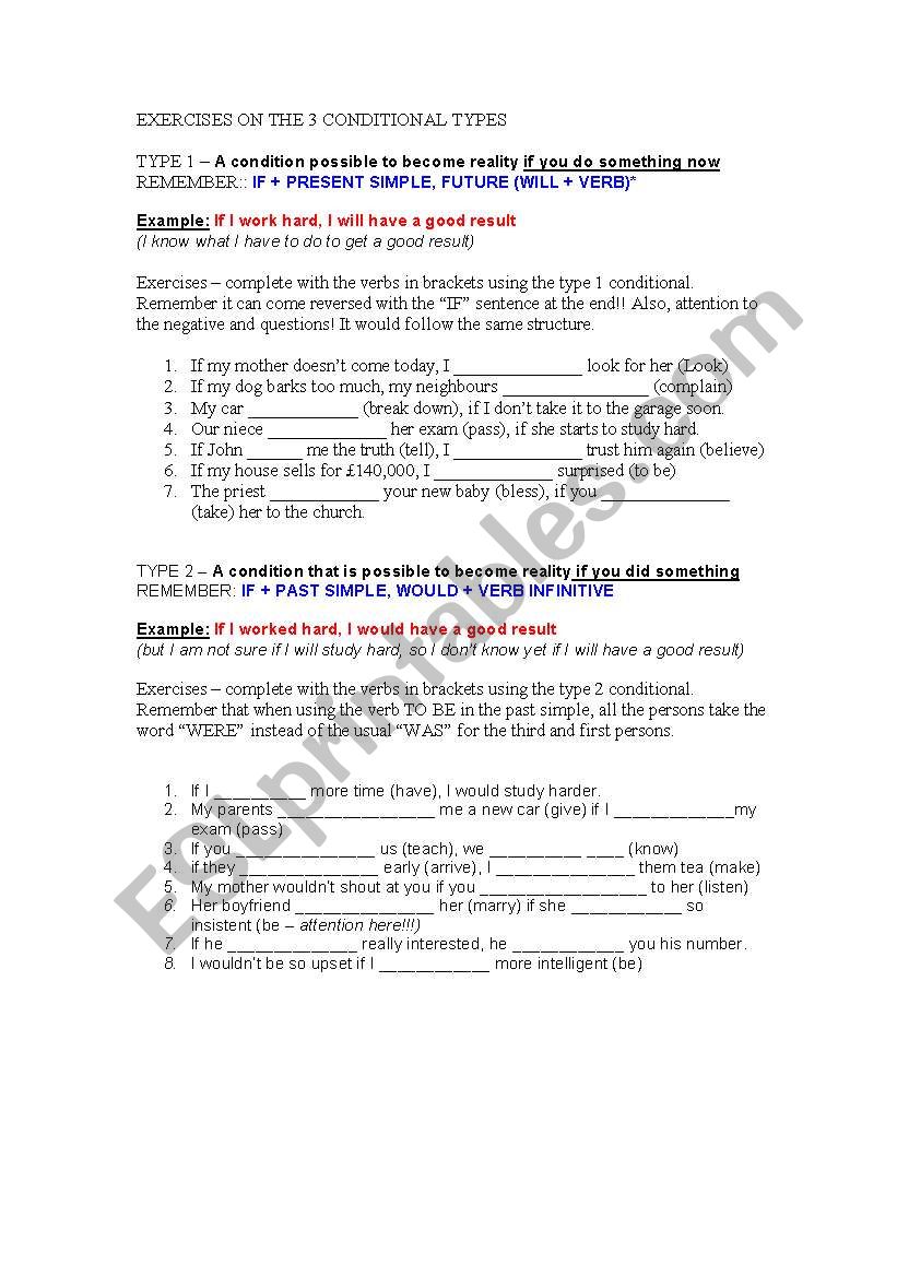 IF CLAUSES - EXERCISES ON THE 3 CONDITIONAL TYPES