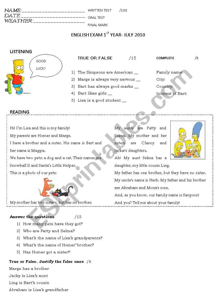 EXAM 1ST YEAR FAMILY worksheet