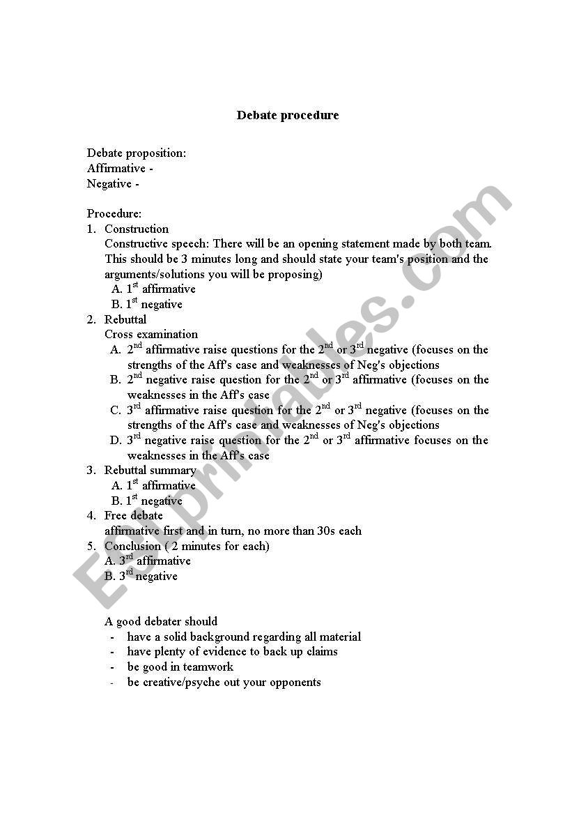 classroom debate procedure worksheet