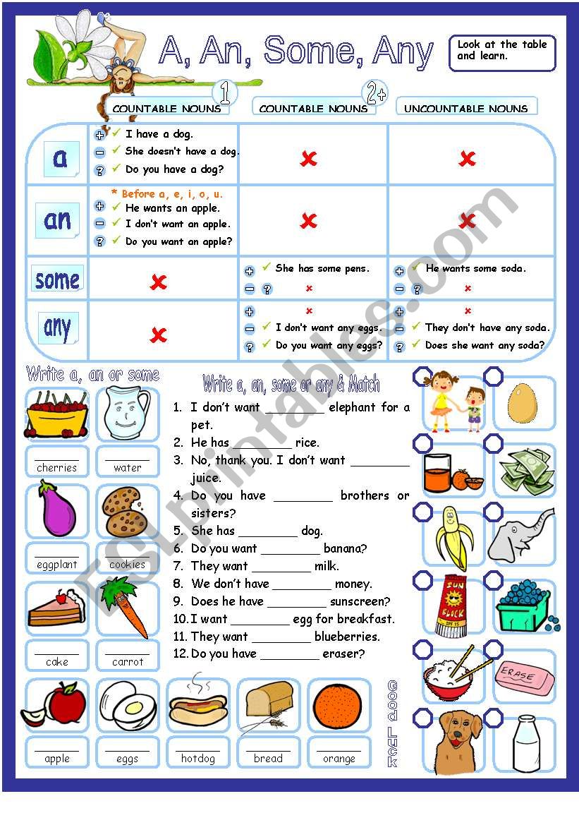 A, an, some & any with countable & uncountable nouns - guide & exercises.