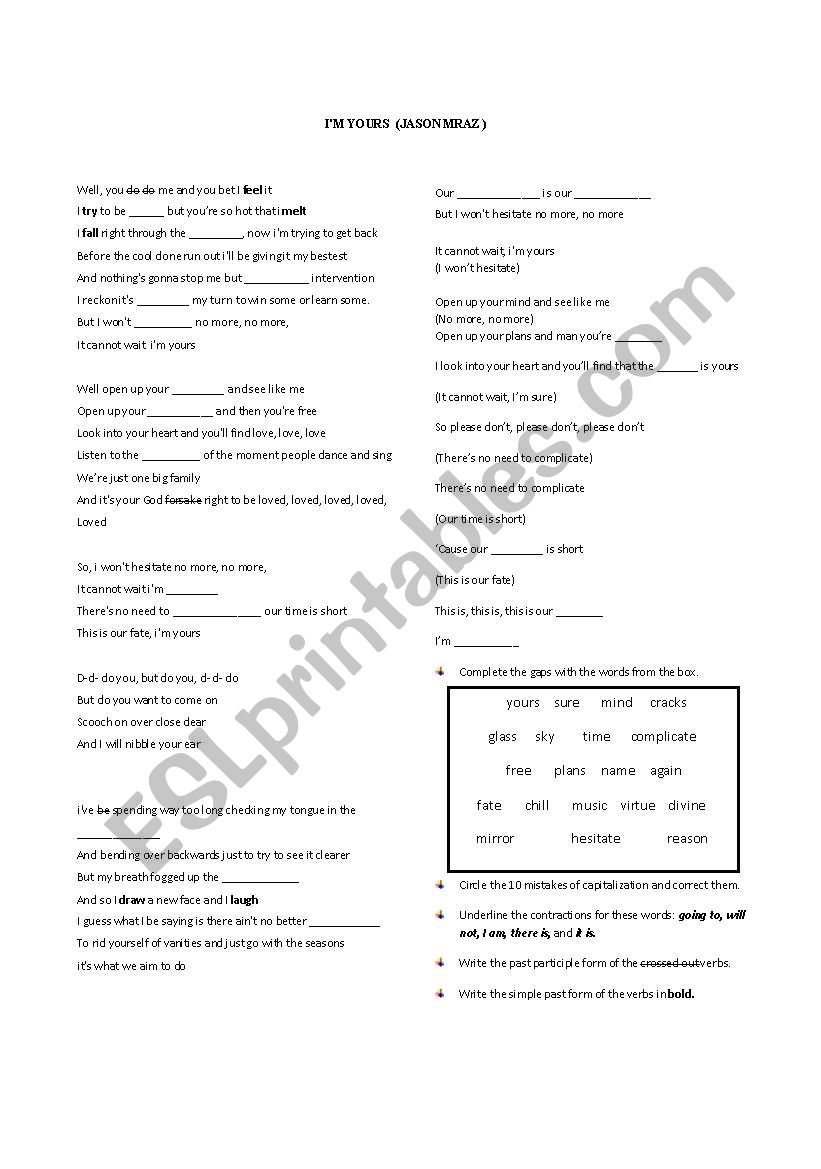 Im yours (Lyric w/exercises) worksheet