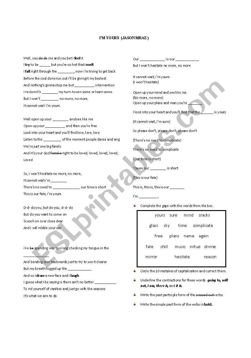 I´m yours (Lyric w/exercises) worksheet