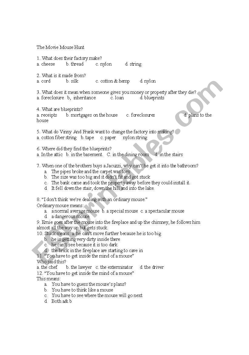 Movie The Mouse Hunt worksheet