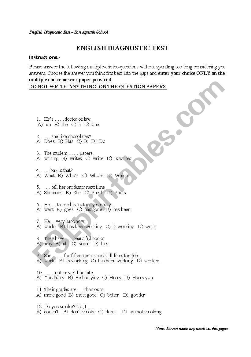 ENGLISH DIAGNOSTIC TEST worksheet