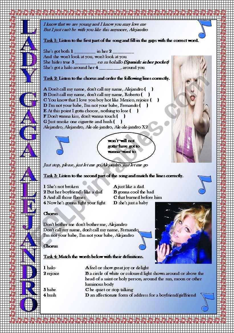 LADY GAGA Alejandro LISTENING song-based activity (FULLY EDITABLE AND KEY INCLUDED!!!)