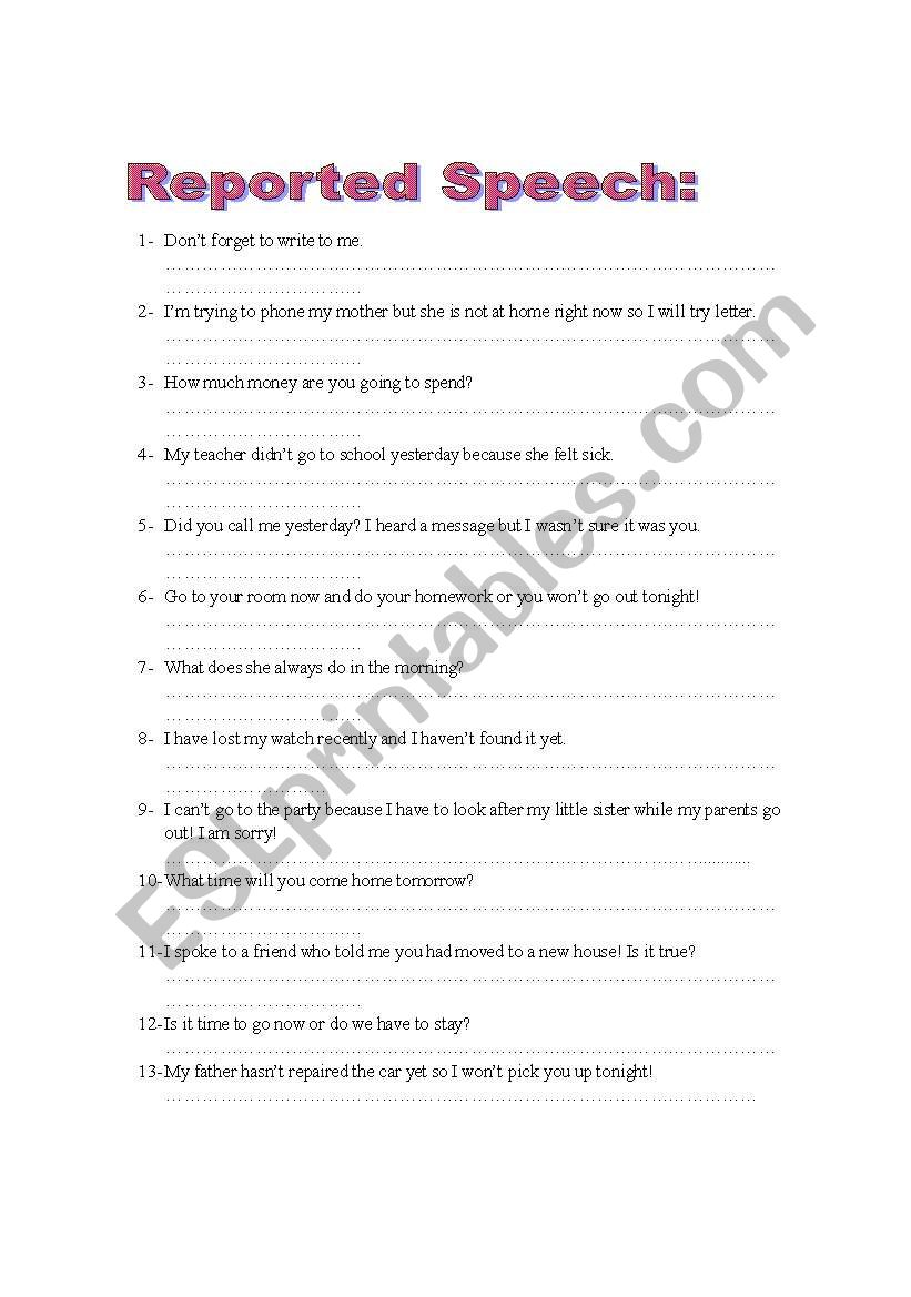 repoted speech worksheet
