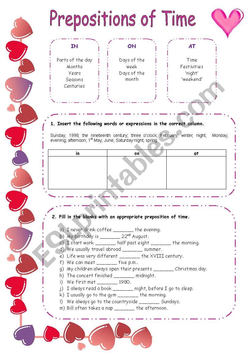 PREPOSITIONS OF TIME exercises