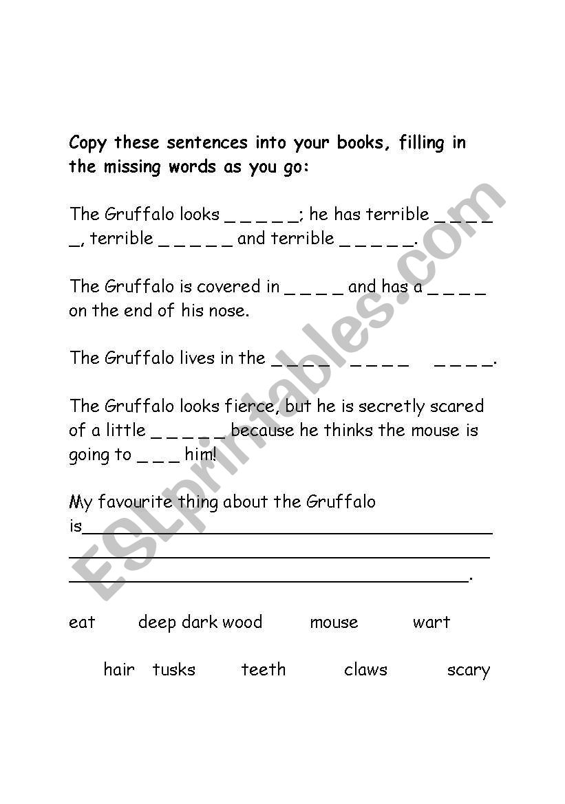 gruffalo missing words worksheet