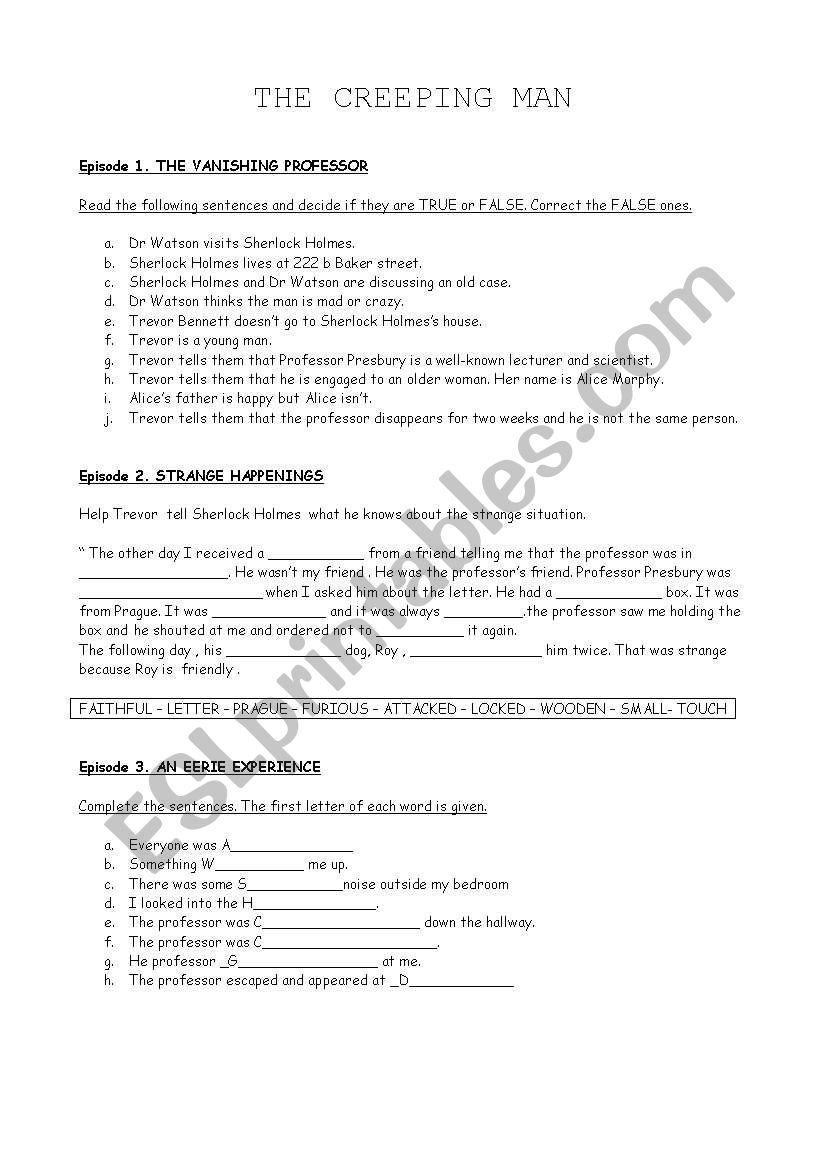 The creeping man worksheet