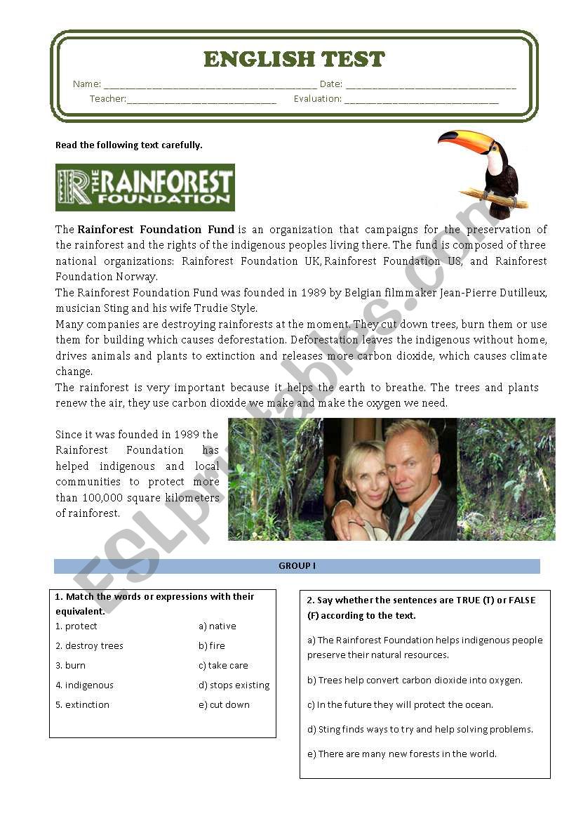 English Test about Stings Rainforest Foundation Organization 