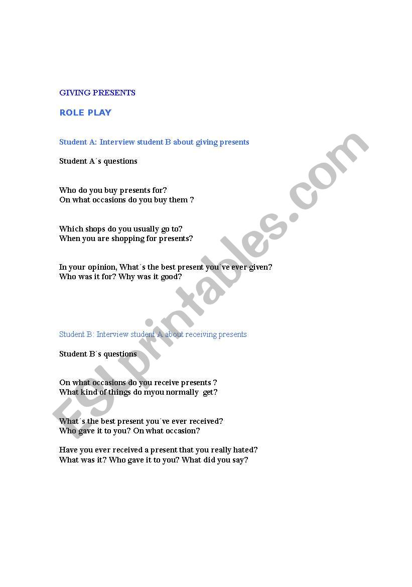 GIVING PRESENTS (ROLE PLAY ) worksheet