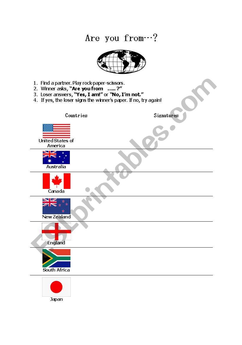 Are you from...? worksheet