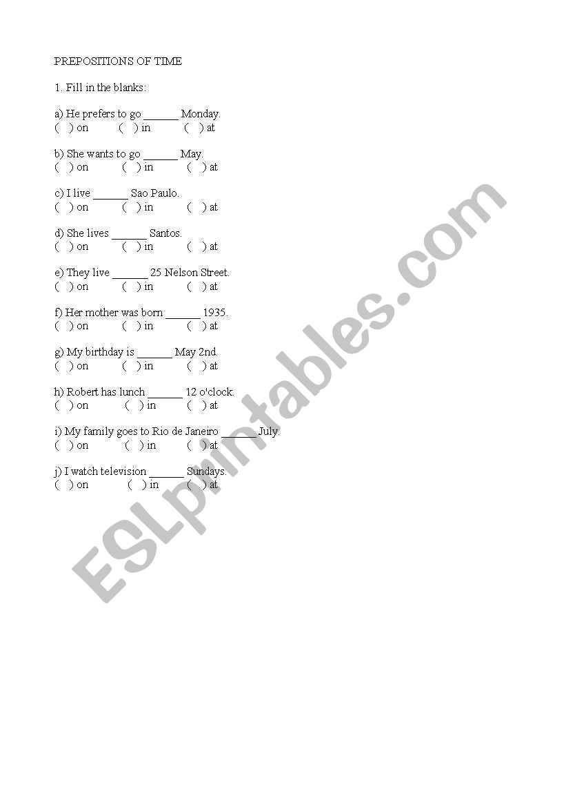 Prepositions of time worksheet