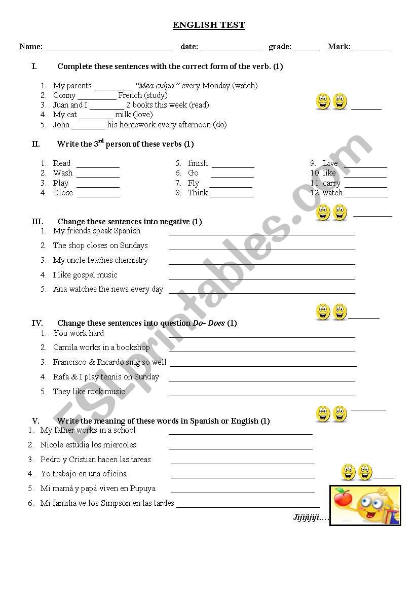 English Test  (P. Simple) worksheet