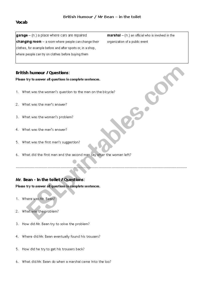 British Hunour worksheet