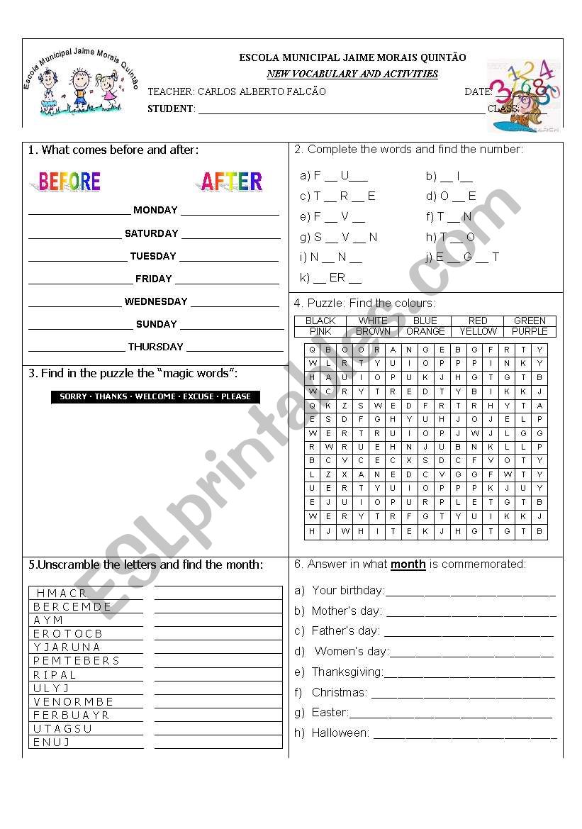 Review Activity: Colors; Days of the week; Months of the year; Numbers 1-10; Magic words