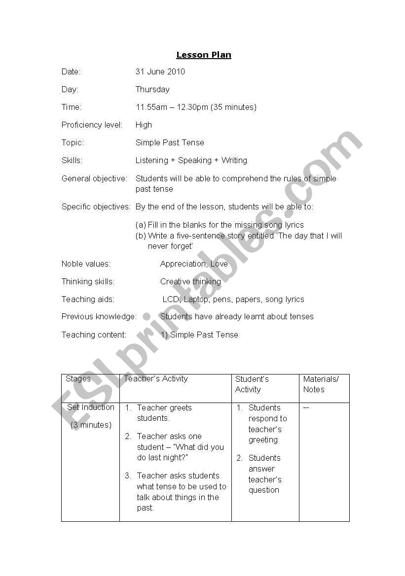 Lesson Plan - Past Simple worksheet
