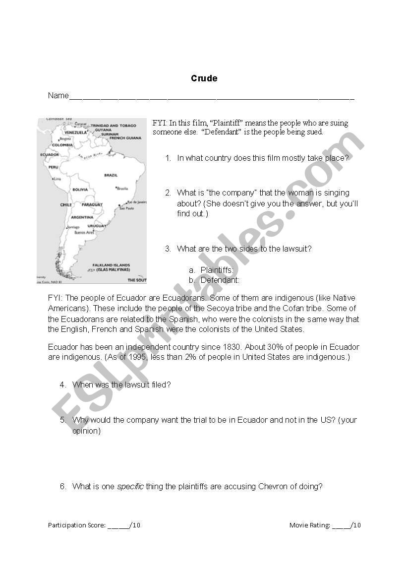 Crude: The Movie worksheet