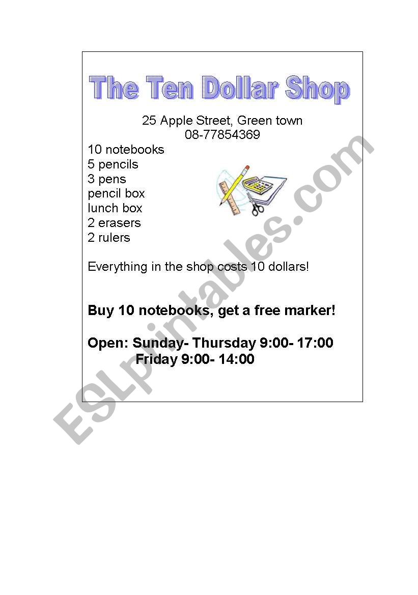 The ten dollar shop worksheet