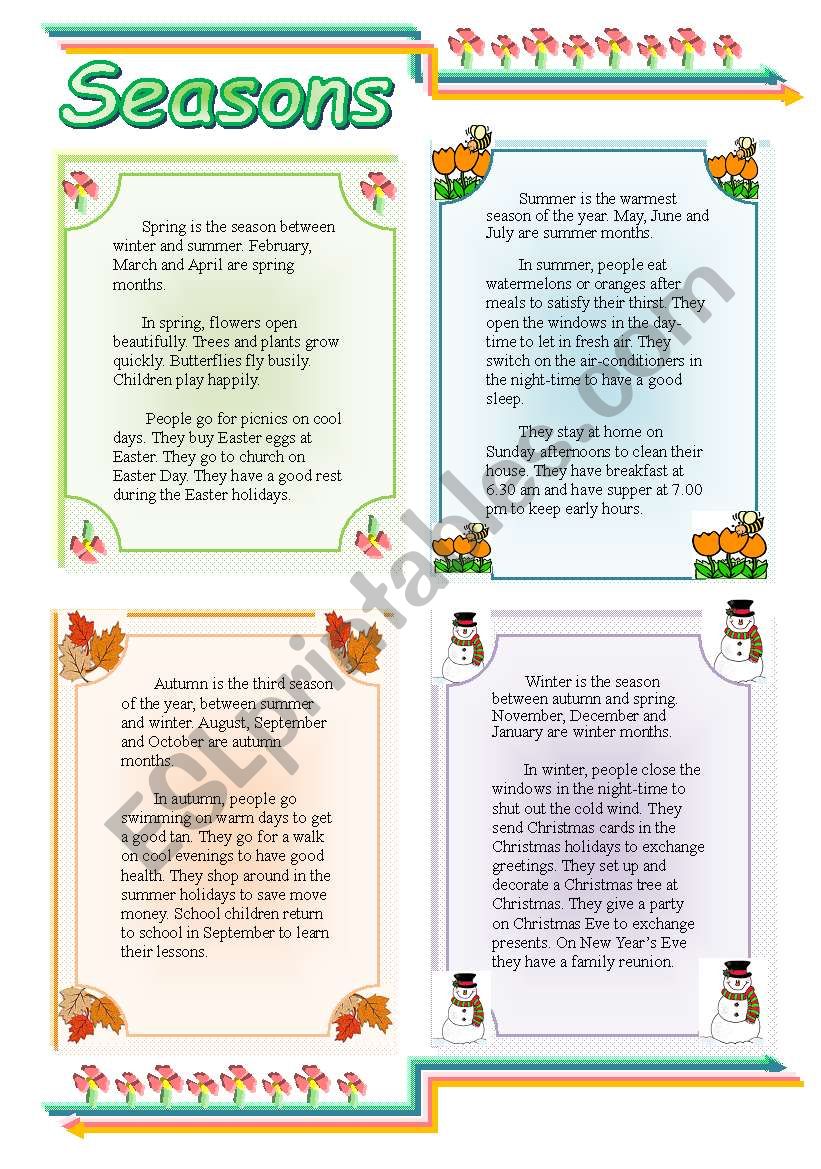 Comprehension -- seasons worksheet
