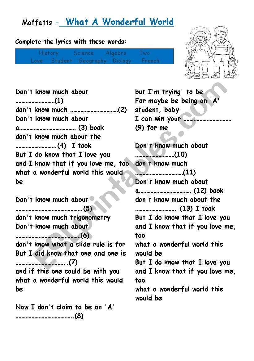 What a wonderful world worksheet