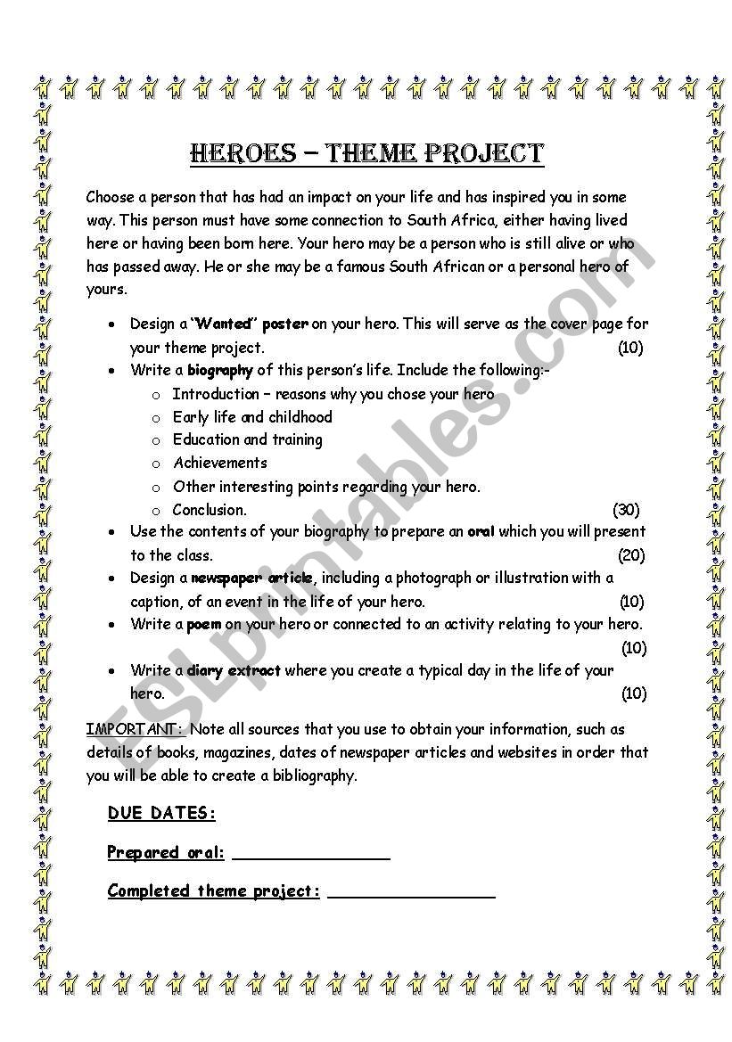 Heroes - Theme project worksheet