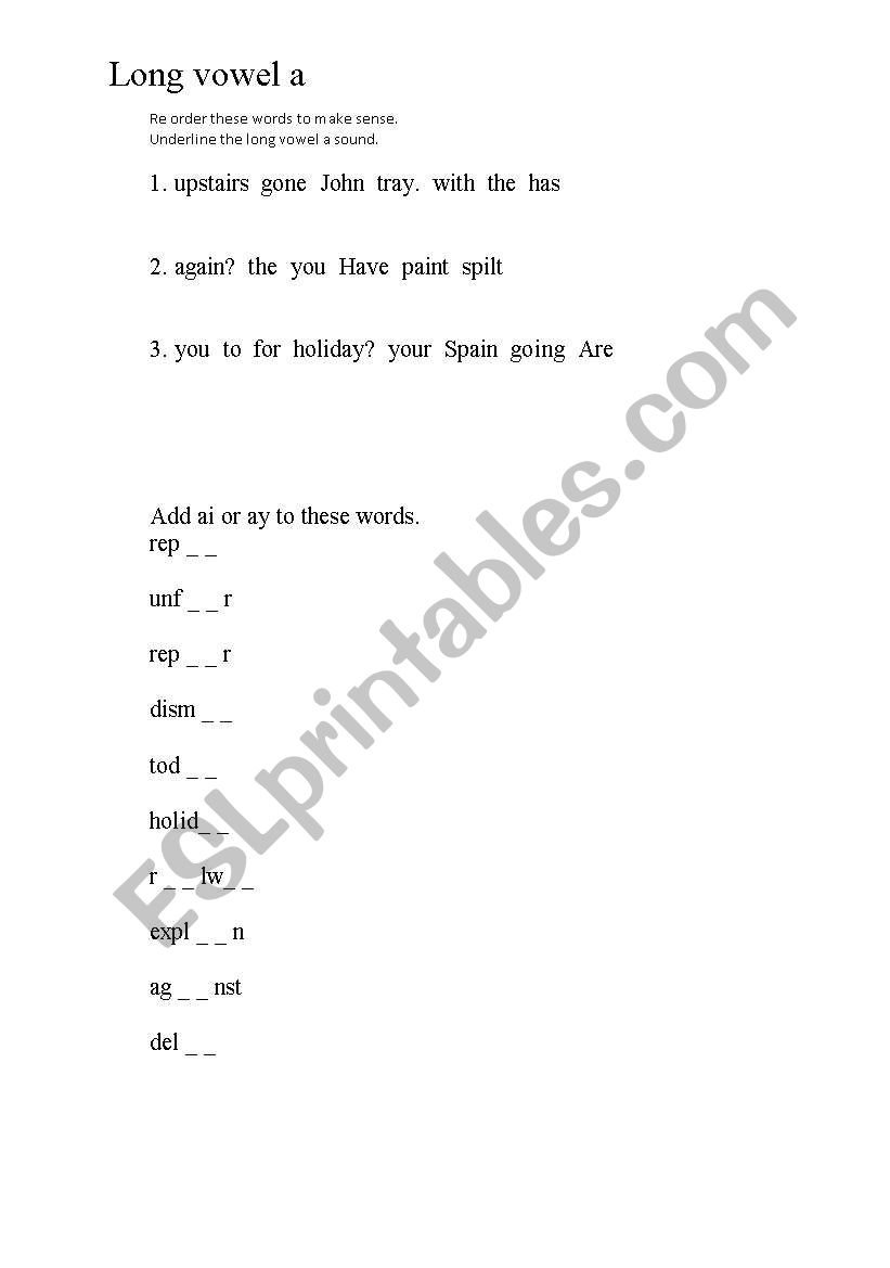 long vowel a worksheet