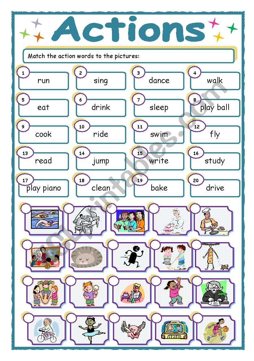Vocabulary- action words worksheet