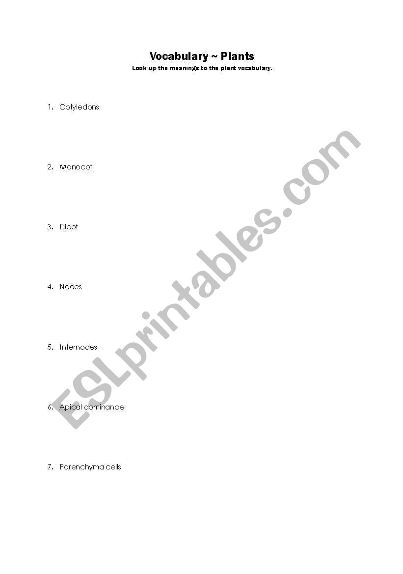 Vocabulary ~ Plants worksheet