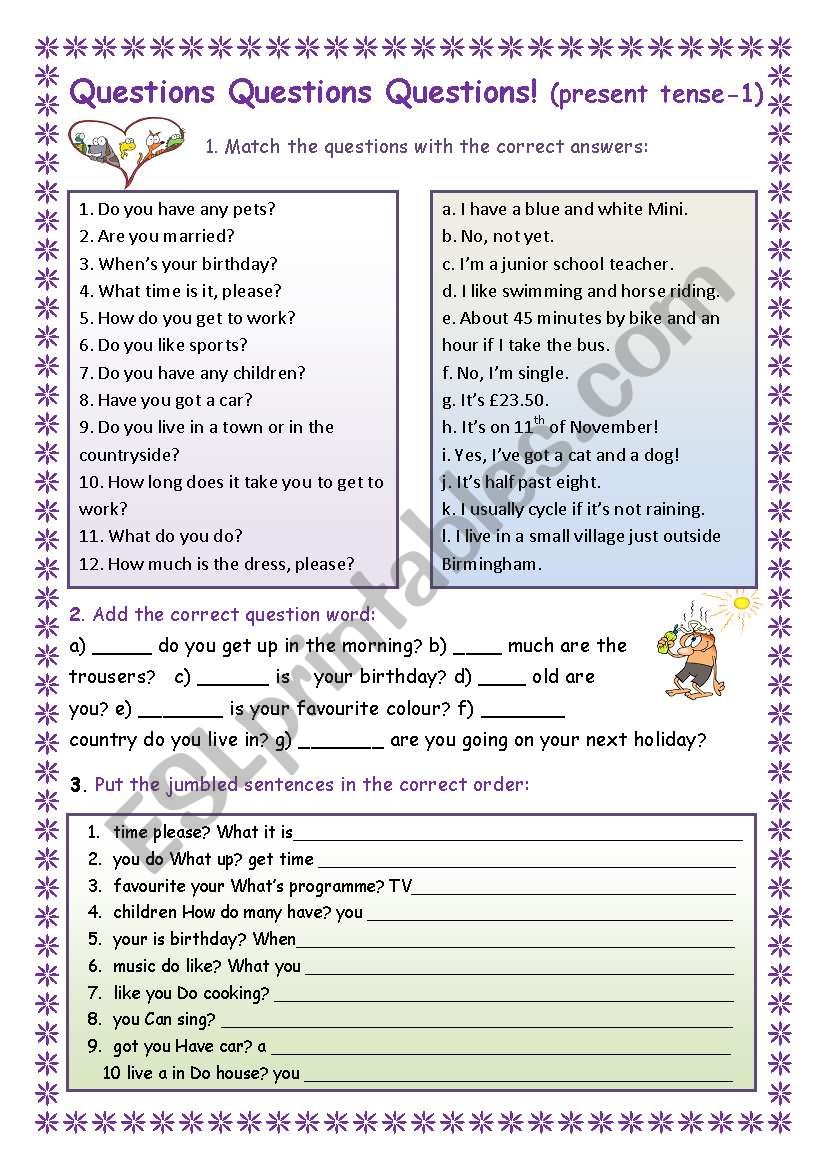 Questions - present tense worksheet