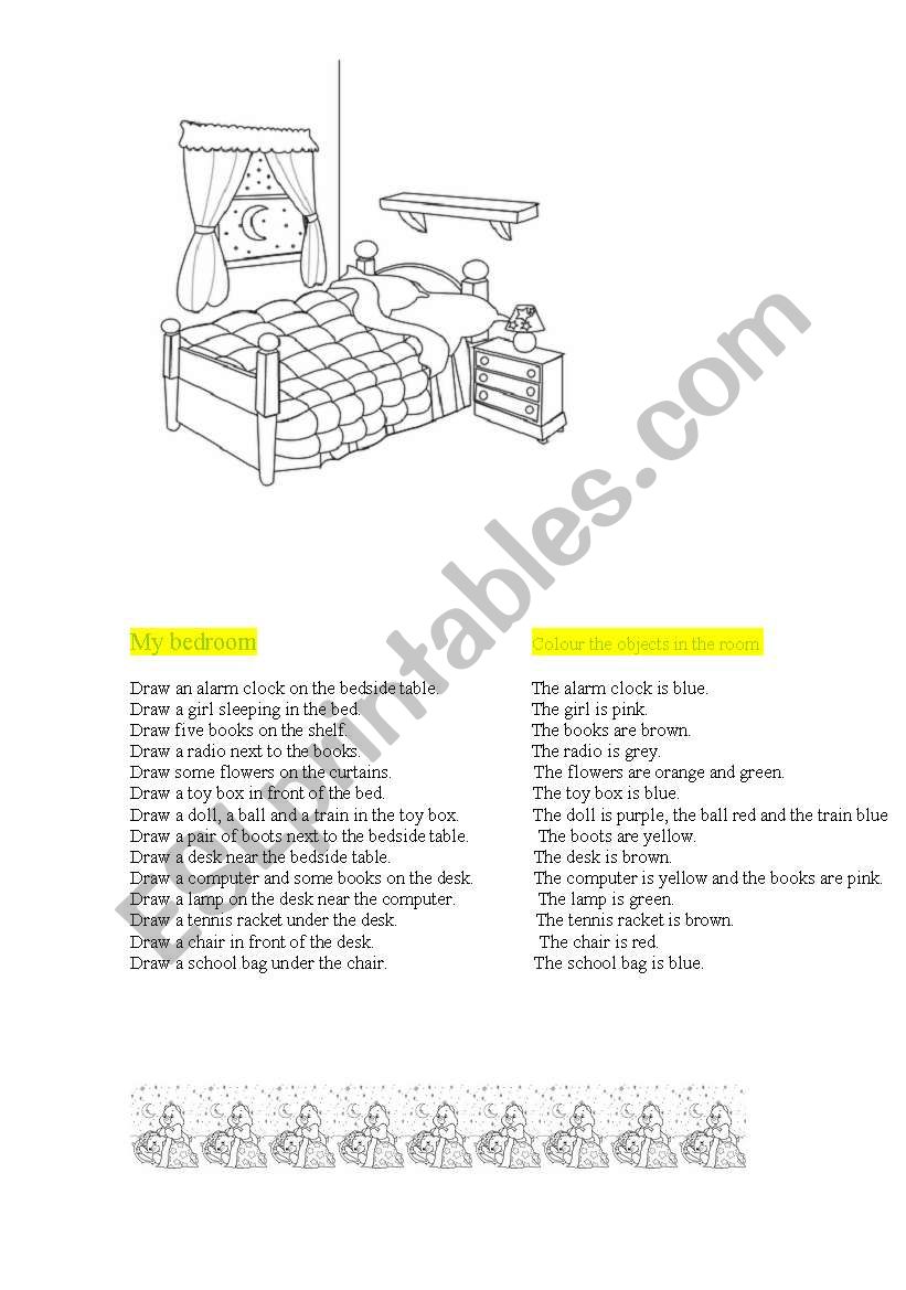 my bedroom draw ans colour. worksheet