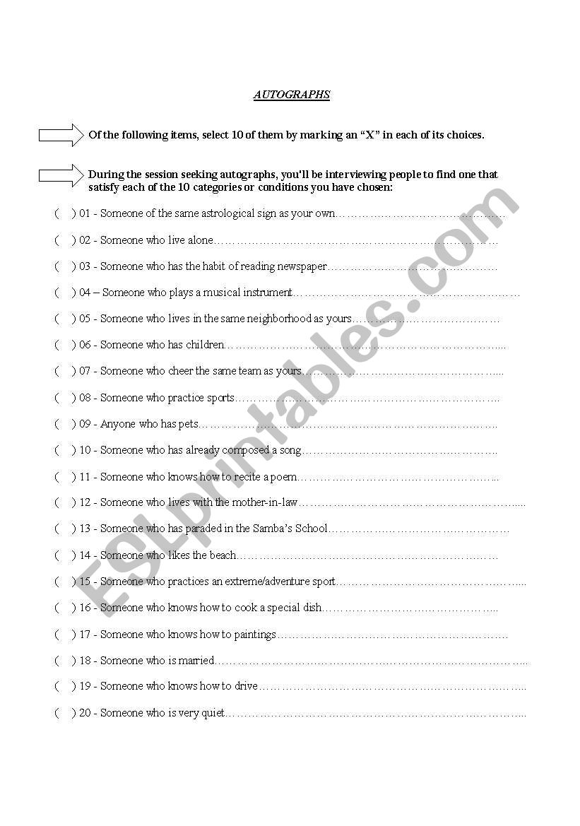 AUTOGRAPHS worksheet