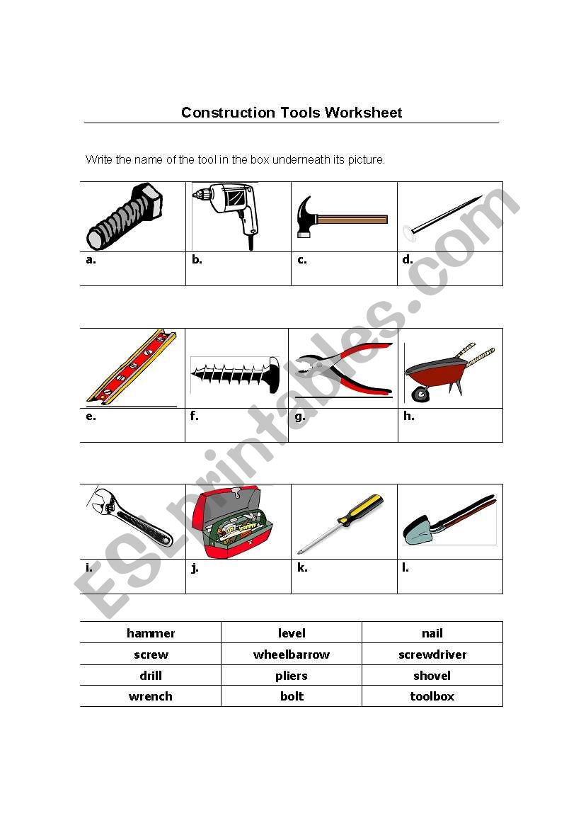Construction Tools Worksheet worksheet