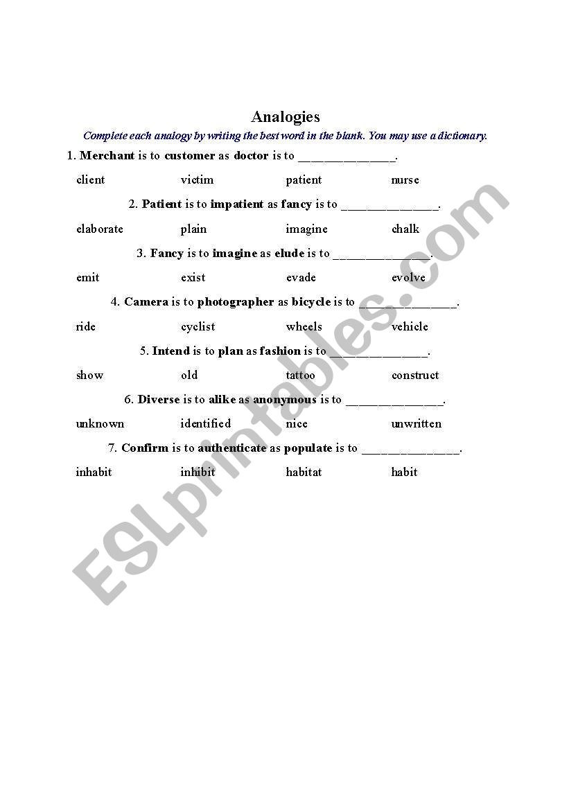 anologies worksheet