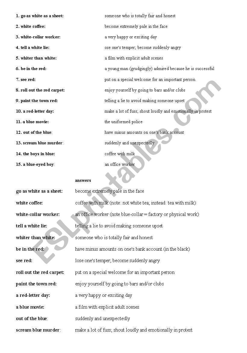 Color idioms worksheet