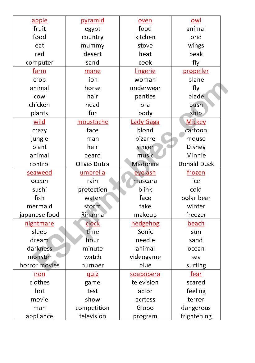 Taboo cards worksheet