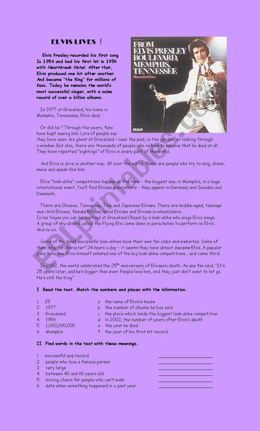 Elvis lives ! worksheet