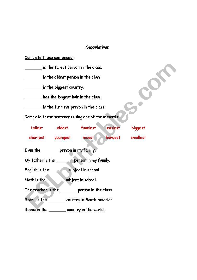 Superlatives worksheet