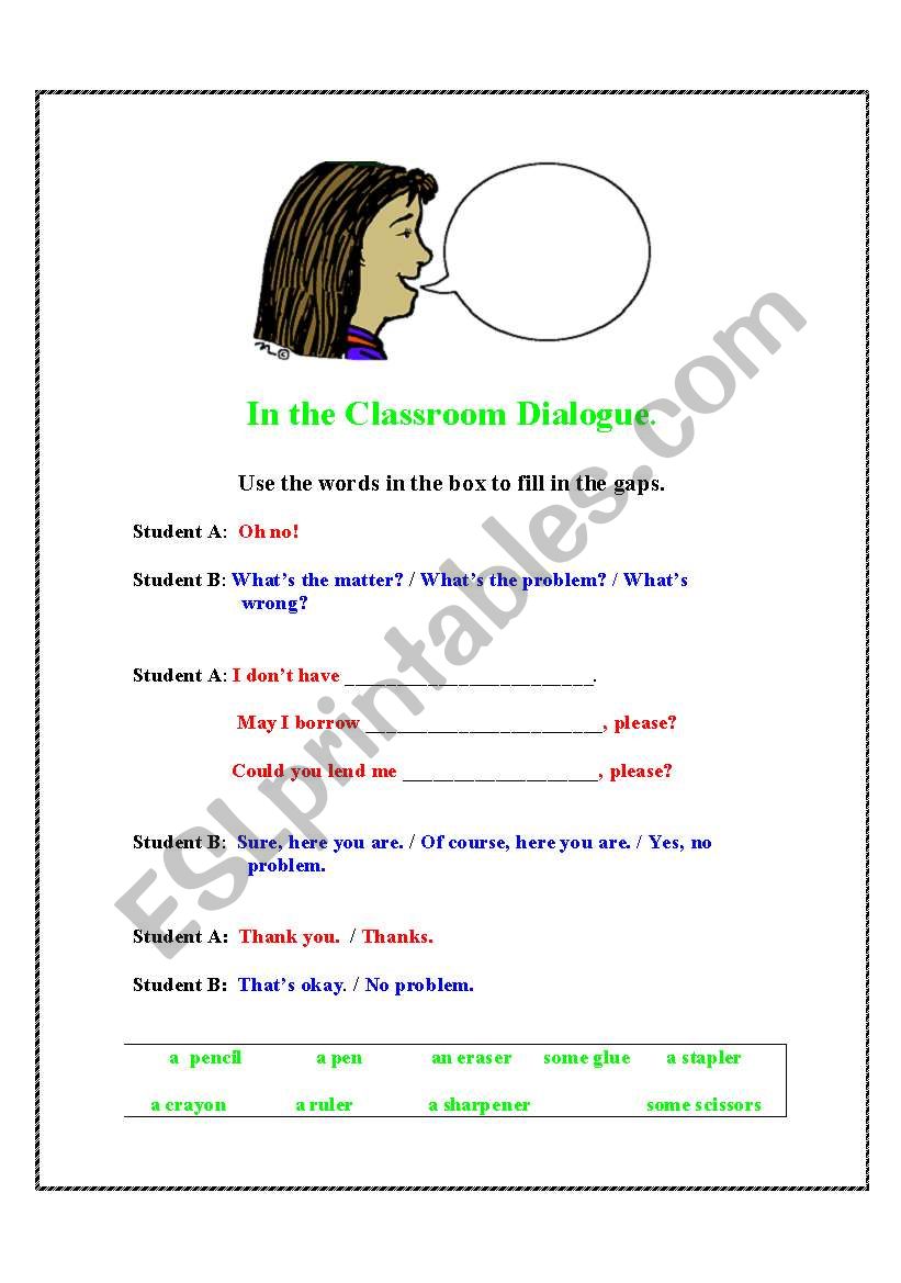 In the Classroom Dialogue worksheet