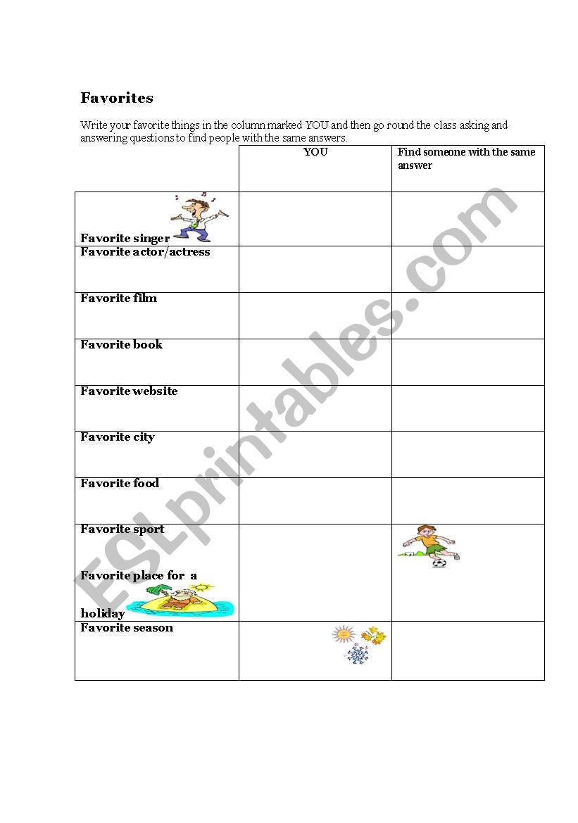 Favourites worksheet